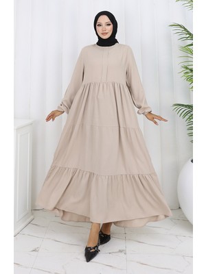 Beli Büzgülü Kolu Lastikli Elbise 2149-06 Taş