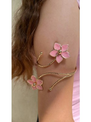 Gold Pembe Çiçek Detaylı Paslanmaz Çelik Ayarlanabilir Kadın Pazu Bileklik Kol Kelepçesi Armcuff