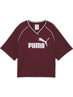 Puma Ess Relaxed Cropped Footb Bordo Kadın Kısa Kol T-Shirt