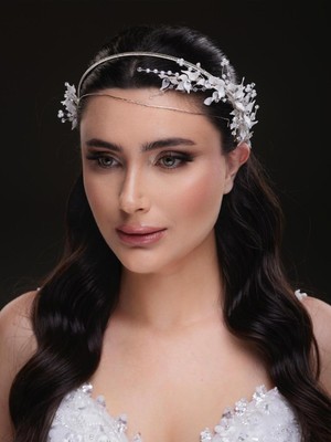 Ekru Çiçekli Kristal Taşlı Gelin Tacı Zarif Saç Aksesuarı