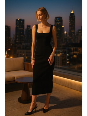 Kalın Askılı Midi Elbise