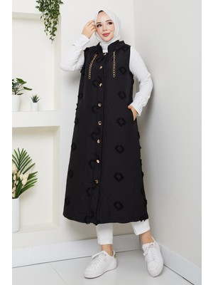 Kadın Kapüşonlu Cepli Jakarlı Kapitone Yelek -PMK444