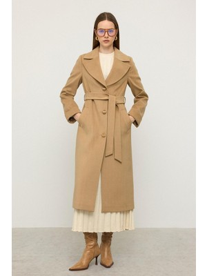 Balıksırtı Jakar Desenli Belden Bağlamalı Limited Edition Kaban Kamel 3136