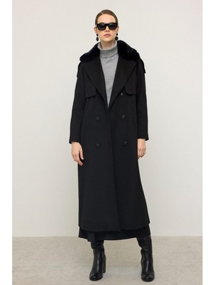 Çıkabilir Kürklü Kendinden Desenli Limited Edition Kaban Siyah 3127