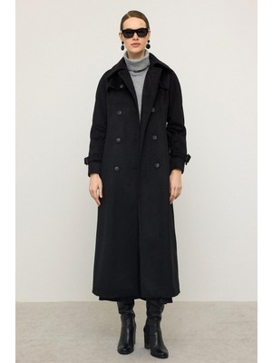 Reglan Kol Pelerin Detaylı Uzun Moher Kaban Siyah 3144