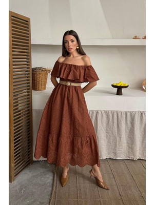 Kahverengi Omzu Lastikli Brode Elbise