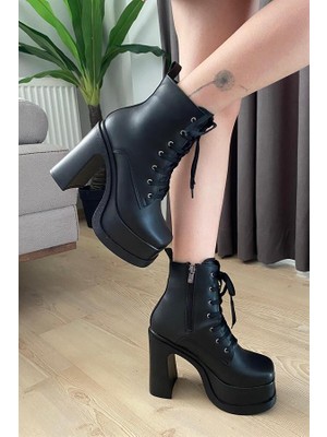 Kadın Simya Siyah Bağcıklı Detaylı 12 cm Platform Topuklu Fermuarlı Bot