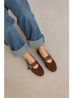 Acı Kahve Süet Renk Zımbalı Çift Tokalı Kadın Babet | Günlük Rahat Düz Taban Mary Jane Ayakkabı Moda