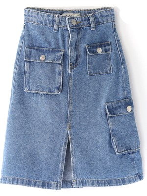 Midi Boy Kargo Cep Beli Lastik Ayarlı Kız Çocuk Kot Etek Midi Kız Denim Etek 001-0002072