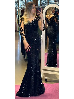 ABİYENİAL Pulpayet Uzun Kollu Kapalı Yaka Abiye Elbise 7192