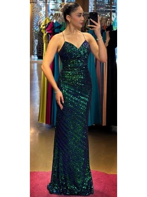 Yeşil  Ip Askılı  Sırt Dekolteli  Düz Kesim Desenli Uzun Abiye Elbise 7561