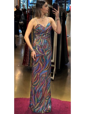 Abiyeniall Mavi Ip Askılı  Sırt Dekolteli  Düz Kesim Desenli Uzun Abiye Elbise 7639