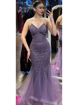 Abiyeniall Lavanta Ip Askılı  Sırt Dekolteli  Balık Etekli Simli Uzun Abiye Elbise 7269