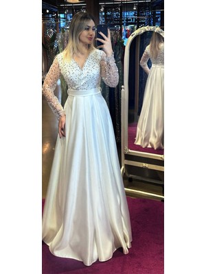 Beyaz Uzun Kollu Kloş Etekli Saten Uzun Abiye Elbise 7453