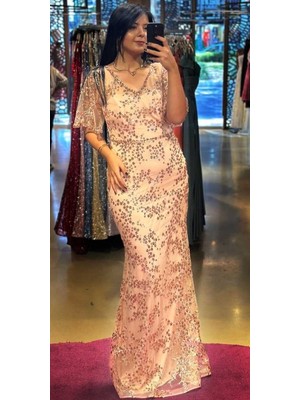 Pudra  Kısa Kollu  Düz Kesim Simli Uzun Abiye Elbise 6779