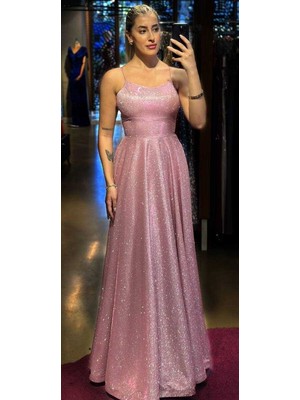 Abiyeniall Pembe Ip Askılı  Sırt Dekolteli  Kloş Etekli Simli Uzun Abiye Elbise 7601