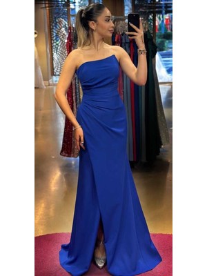 Saks Anvelop Yırtmaçlı Düz Kesim Krep Uzun Abiye Elbise 7324