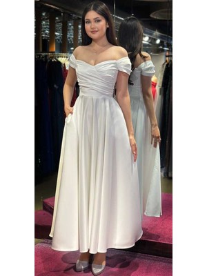 Beyaz Madonna Yaka Kloş Etekli Saten Midi Abiye Elbise 7672