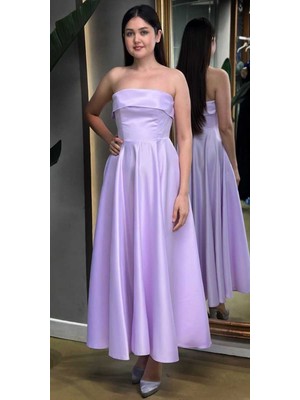 Lila Straplez Yaka Kloş Etekli Saten Midi Abiye Elbise 7647