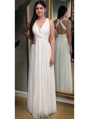 Beyaz Kalın Askı  Sırt Dekolteli  Kloş Etekli Şiifon Tül Uzun Abiye Elbise 7645