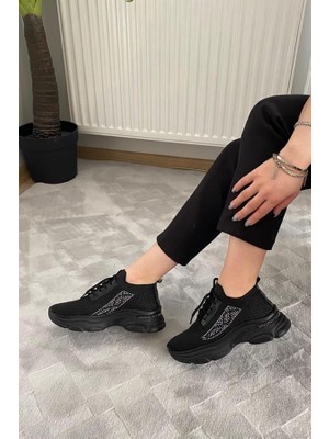Kadın Siyah Triko Taşlı Spor Ayakkabı & Sneaker