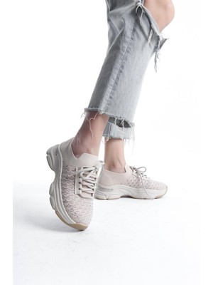 Kadın Ten Triko Taşlı Spor Ayakkabı & Sneaker