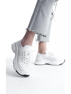Kadın Beyaz Triko Taşlı Spor Ayakkabı & Sneaker