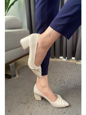 Kadın Krem Fiyonk Taşlı Alcak Ökçe Abiye Ayakkabı