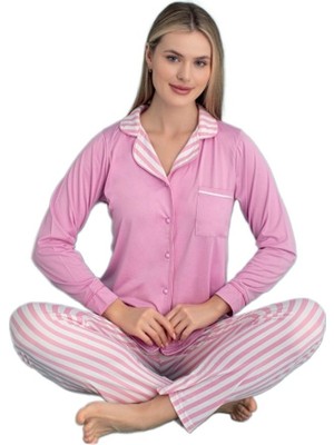 Bipamuk Francesca Notte Uzun Kollu Önden Düğmeli Kadın Pijama Takımı Yumuşak soft  S/2xl