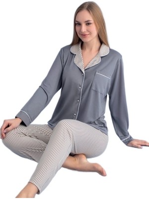 Bipamuk Gabriella Uzun Kollu Düğmeli Kadın Pijama Takımı Yumuşak Soft S-2XL