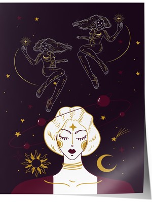 Çerçevesiz Poster, Burç ve Kadın Figürü Illüstrasyonu, Genç Odası Dekoru Poster No: 113884