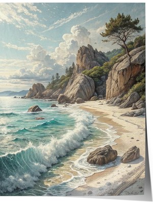 Çerçevesiz Poster, Dalgalar ve Kaya Sahil Manzarası, Salon Dekoru Poster No: 113833