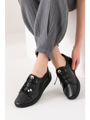 Rennes Hakiki Deri Siyah Kadın Deri Babet