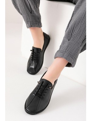 Angers Hakiki Deri Siyah Kadın Deri Babet