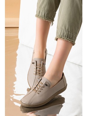 Angers Hakiki Deri Krem Kadın Deri Babet