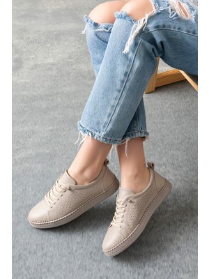 Nancy Hakiki Deri Krem Kadın Deri Babet