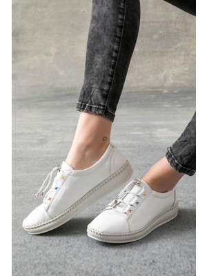 Rennes Hakiki Deri Beyaz Kadın Deri Babet