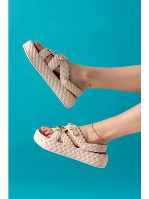 GOLDER Kadın Eva Taşlı Kaymaz Taban Plaj Deniz Havuz Banyo Ev Terliği Kum Renk Düz Topuklu Konforlu