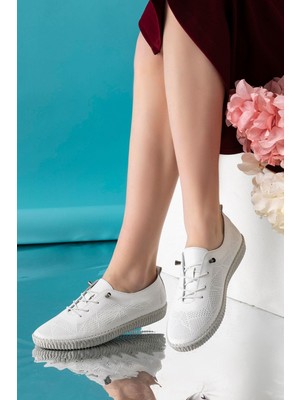 Toulon Hakiki Deri Beyaz Kadın Deri Babet