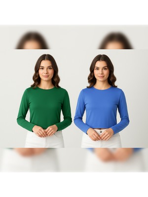 Arda Ege Kadın 2 Adet Mavi-Yeşil Cotton Esnek Uzun Kollu Bluz
