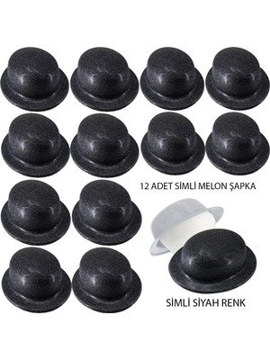 Magicool Siyah Renk Simli Melon Yuvarlak Parti Şapkası 12 Adet