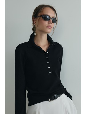 Suud Collection Kadın Carter Siyah Polo Yaka Triko Kazak Uzun Kollu Düz Desenli Günlük Stil