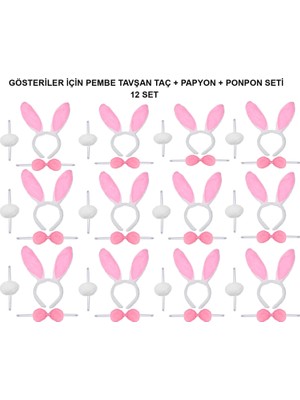 Magicool Pembe Tavşan Kostüm Seti – Taç, Papyon, Ponpon (12’li Paket)
