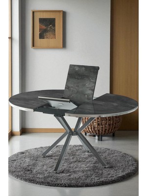 Zenit Plus Açılır Yuvarlak Masa (Sandalyesiz) – Siyah Mermer, Siyah Ayak, Ø120→160 cm