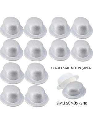 Magicool Gümüş Renk Simli Melon Yuvarlak Parti Şapkası 12 Adet