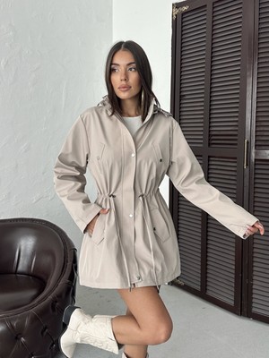 Kadın Suya Dayanıklı Trençkot Kapüşonlu Ekoseli Bonded Kumaş Trençkot