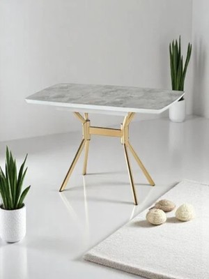 Duman Açılır Dikdörtgen Masa (Sandalyesiz) – Gri Mermer, Gold Ayak, 80×130 → 160 cm (4–6 Kişilik)