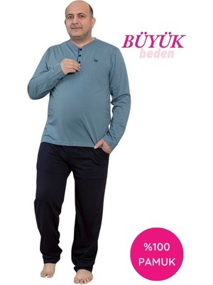 Erkek Büyük Beden 3 Düğmeli %100 Pamuk Mevsimlik Uzun Kol Cepli Pijama Takımı