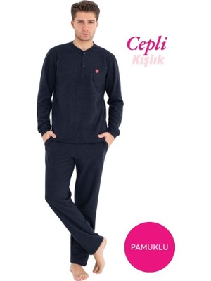 Bie's Erkek Mavi 3 Düğme Göğüs Cepli Kışlık Pamuklu Selanik Kumaş Uzun Manşetli Kol Cepli Pijama Takımı