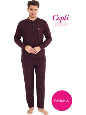 Bie's Erkek Bordo 3 Düğme Göğüs Cepli Kışlık Pamuklu Selanik Kumaş Uzun Manşetli Kol Cepli Pijama Takımı